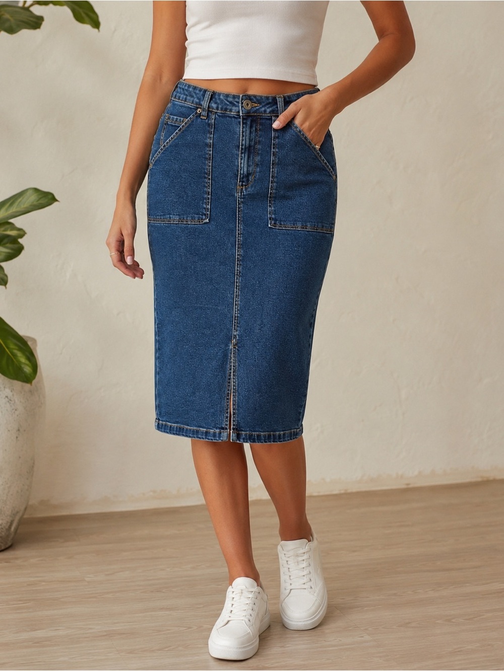 99% Cotton Stretchy Classic Blue Denim Pencil Skirt A Premium Denium